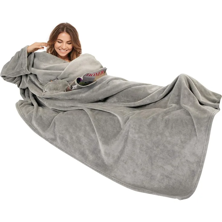 Gözze - Premium Kuscheldecke mit Ärmeln und Brusttasche, 150x240 cm - Silber