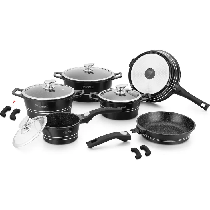 Royalty Line RL-ES2014M: 14-Teiliges Kochgeschirrset mit Marmorbeschichtung Schwarz