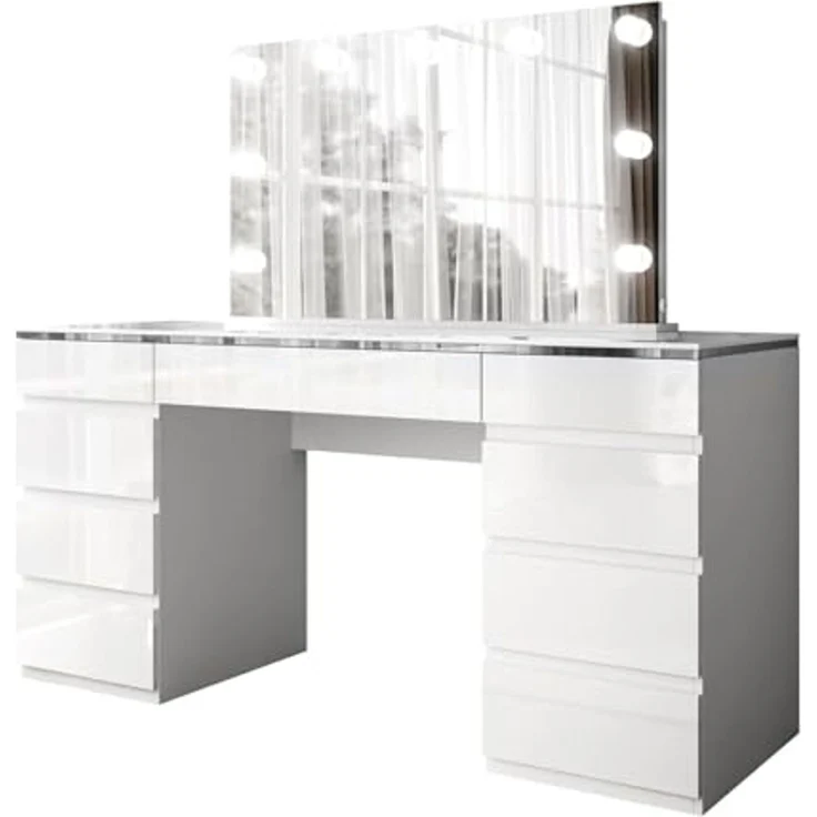 Lookway Schminktisch AURORA DOUBLE SILVER Weiß Hochglanz (1x Schminktisch, 1xSpiegel mit LED), mit Spiegel, mit LED, mit Schubladen – Bild 7