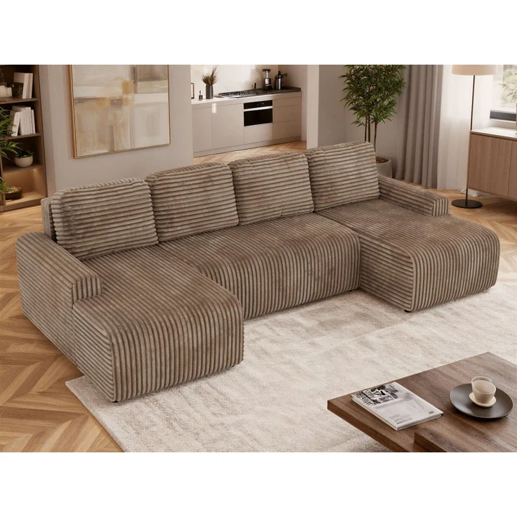 Modernes Familiensofa NESSARO U, Wohnlandschaft U-Form mit Schlaffunktion und Bettkasten, DL-System, lose Kissen, Rückenkissen, Bonellfederkern - Braun Cord – Bild 4