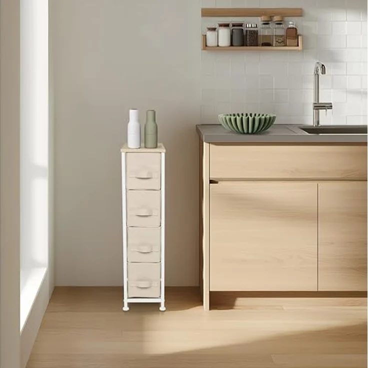 hjh LIVING Kommode mit 4 Stoffschubladen FOLDRESS S 20 x 48 x 76 cm Schubladenkommode Organizer, höhenverstellbare Fußgleiter, Metall-Gestell, Beige – Bild 5