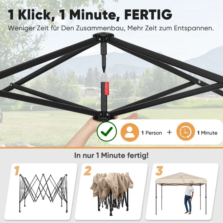 Sekey One-Touch Pop Up Pavillon 3x3 Wasserdicht Stabil Winterfest, Faltpavillon 3x3 m mit Verdickten Röhren, Partyzelt Pavillion Klappbar für Camping Festival Party, Kahki – Bild 2
