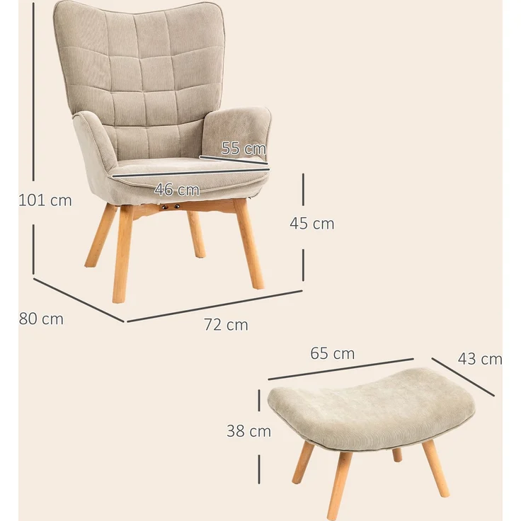 Akzentsessel mit Hocker, Relaxsessel in Cord-Optik, Armlehnstuhl mit Holzbeinen, für Wohnzimmer, Hellbraun--Khaki--80x72x101cm--YOUDENOVA – Bild 5