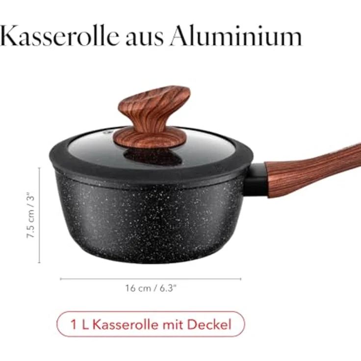 FLORINA Aluminium-Kasserolle MASTER BLACK 16 cm 1L | Antihaftbeschichtung | Für alle Herdarten inkl. Induktion | Ergonomischer Soft-Touch-Griff | Deckel mit Silikonrand | Leicht zu reinigen – Bild 3