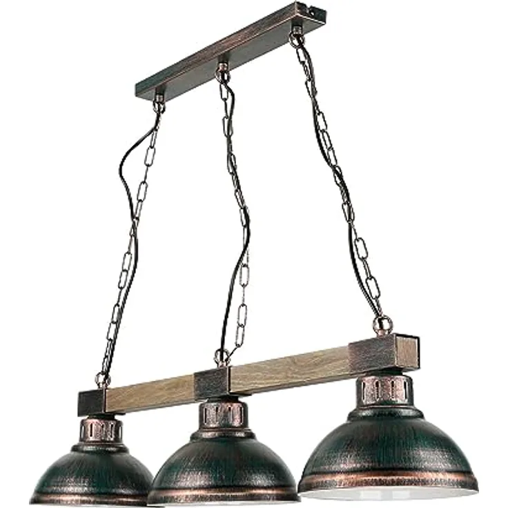 Licht-Erlebnisse HAKON, Hängelampe Metall Holz in Kupfer Antik, 72 cm, 3-flammig, Vintage Pendelleuchte für Esszimmer und Wohnzimmer