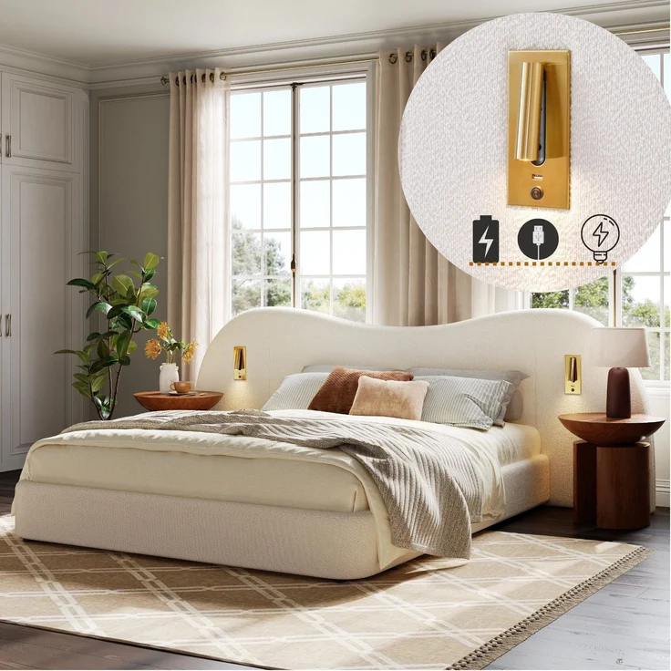 Polsterbett mit LED-Beleuchtung, extra breites Kopfteil mit Spots und USB Anschlüssen, 180x200 cm, gepolsterter Kopfteil, Doppelbett, Frottee – Bild 2