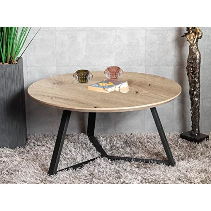 XXXL Couchtisch, rund und eckig, Schwarz mit Eiche und Metall, 80 cm Durchmesser, Industrial-Style, bis 20 kg belastbar – Bild 2