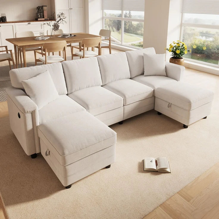 Flieks 4-Sitzer Modulsofa mit 2 Stauraumhockern, USB & USB-C, L- oder U-Form Polstersofa, 261 x 134 x 82 cm, Chenille, Beige – Bild 3