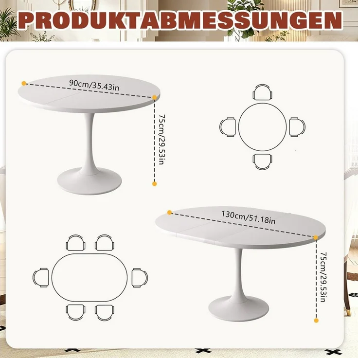 PEALOV Esstisch Ausziehbarer Küchentisch 100–130 × 80 cm für 4–6 Personen (1-St), Platzsparender Wohnzimmertisch mit Teleskopschiene und Metallbeinen – Bild 2