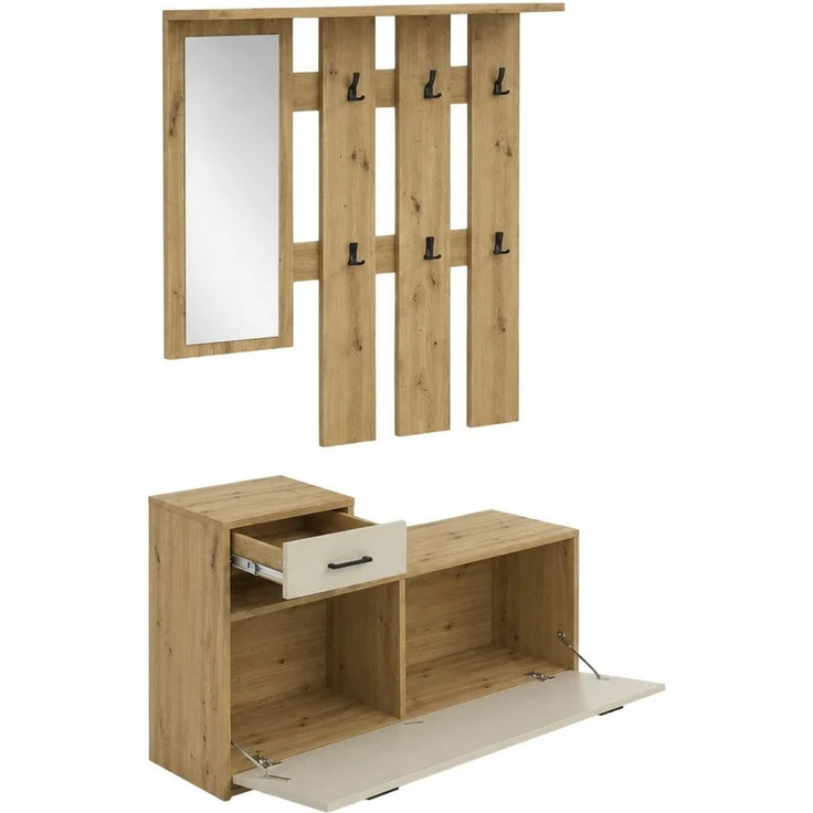 OTTO home Garderoben-Set Luna Kommode mit 1 Klappe + 1 Schubkasten, Paneel mit Spiegel 6 Haken – Bild 3