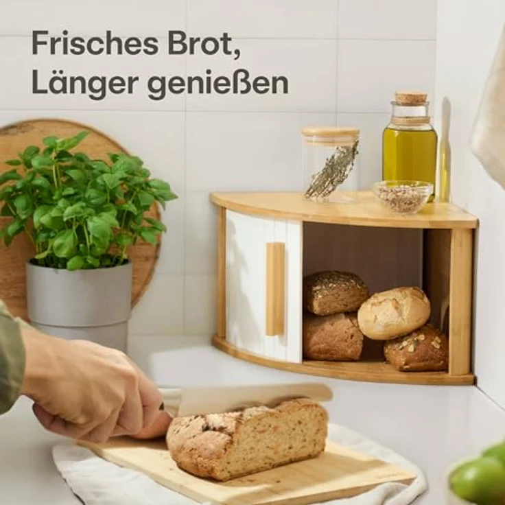 Praknu Brotkasten HAUPT Eckbrotkasten, Bambus, Holz, (Einzelartikel, 1-tlg, Nein), FSC®-zertifiziert, platzsparendes Eckformat, Schiebetür beidseitig – Bild 4