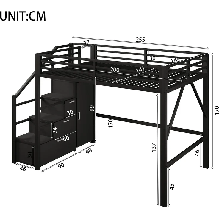 U-life Metall-Hochbett 140x200 cm mit Staufächern, Kleiderschrank, Treppe und LED-Beleuchtung, Schwarz – Bild 10