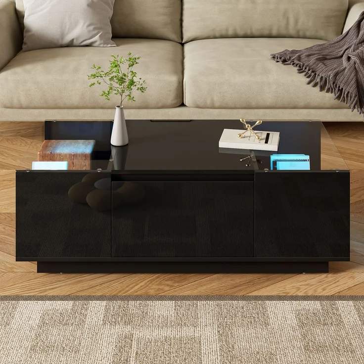 LED-Couchtisch 105×50×35 cm Schwarz Hochglanz Tisch mit Glasplatten, LED-Beleuchtung steuerbar via Bluetooth und App – Bild 6