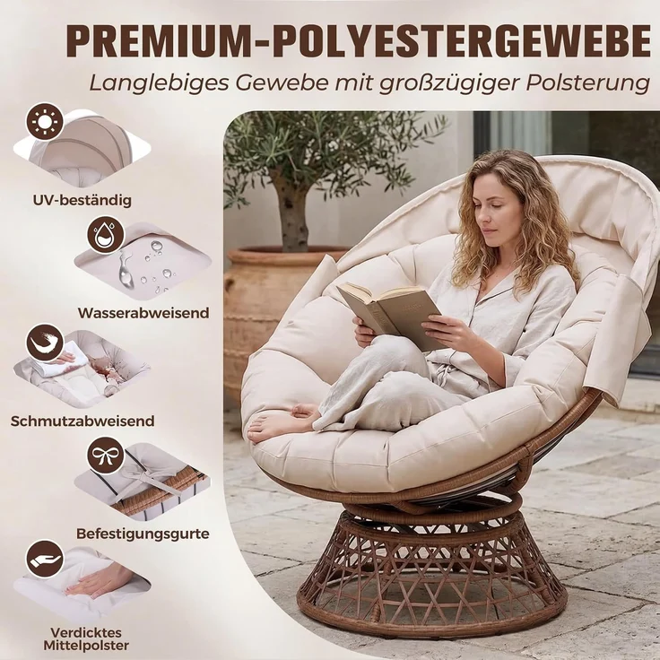 COMHOMA Papasansessel, gemütlicher Drehsessel mit Kissen rund, bequemer Rattansessel, Loungesessel drehbar, runder Relax Korbsessel Rattan für Wohnzimmer, Leseecke, Lounge - BEIGE – Bild 4