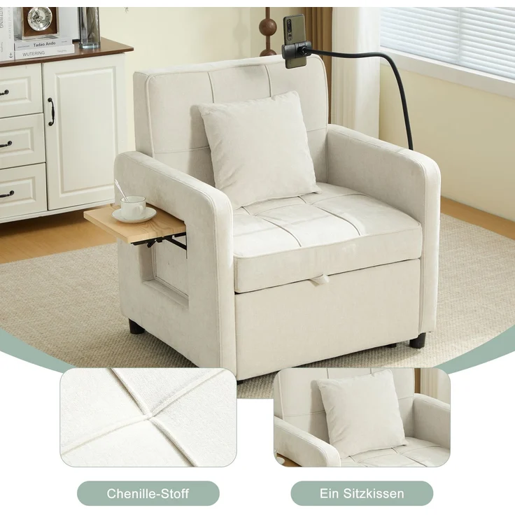 LVHOM Multifunktionaler Schlafsessel mit klappbarer Ablage, Ausziehbares 1-Sitzer Schlafsofa mit Handyhalter und Seitentaschen, Loungesessel, Beige – Bild 7