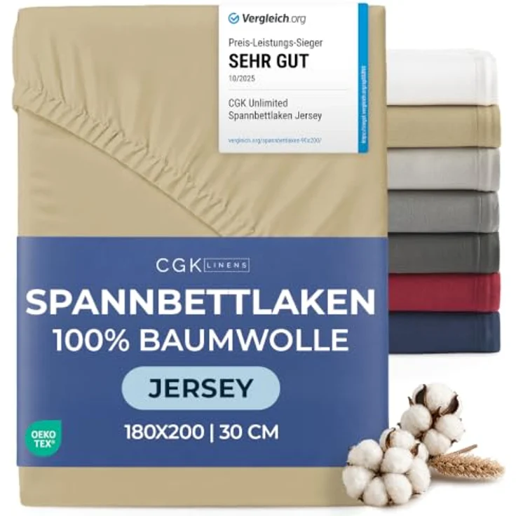 Spannbettlaken Jersey 180x200 - Baumwolle Boxspringbett 30cm tief - Beige | Spannbetttuch, Rundumgummi, Dehnbar, Weich, Atmungsaktiv, Knitterfrei, Pflegeleicht, Baumwoll-Jersey, Bis 30cm, OEKO-TEX – Bild 1