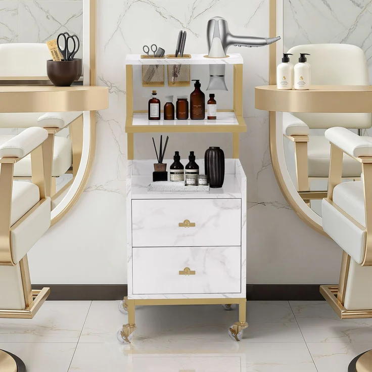 BarberPub Friseurwagen mit Rollen & 2 Schubladen, Rollwagen Servierwagen, Salon Trolley mit 2 Ablagen & Föhnhalter, Moderner Arbeitswagen für Bad Wohnzimmer, 32x37x87cm, Weiß-Gold, 0029 – Bild 2
