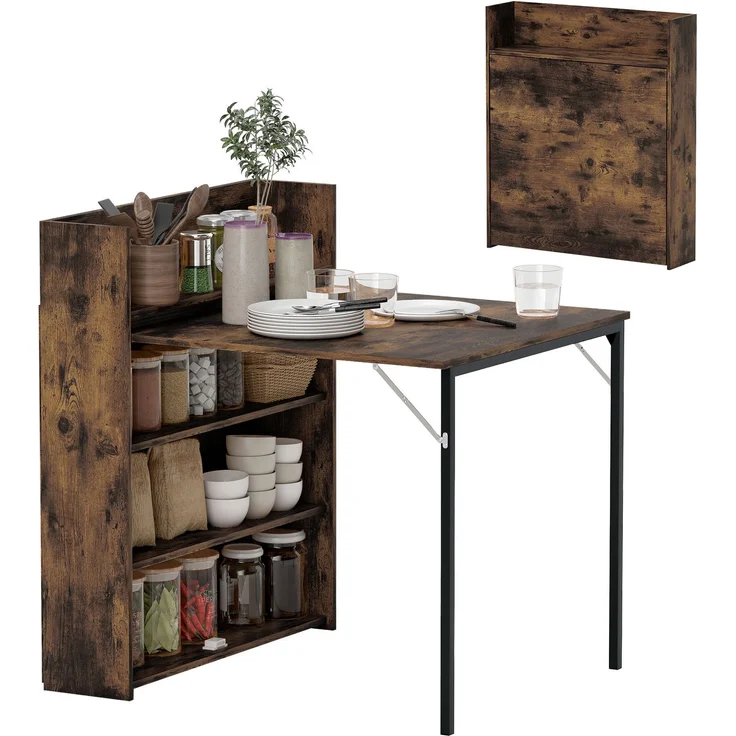 MELAYR, Esstisch Klappbar mit Regal, Industrie-Design, Platzsparend, Für Kleine Räume, 80x90x93cm, Rustikal-Braun – Bild 1