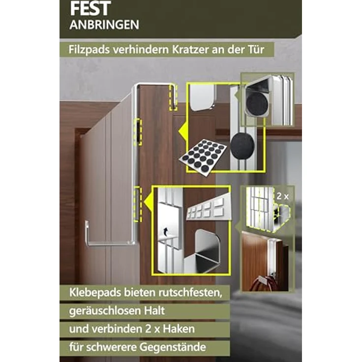 4smile Türhaken zum Einhängen, 4er Set - Edelstahl Kleiderhaken für Tür oder Schrank, vielseitige Haken zum Einhängen - Türgarderobe mit hoher Tragkraft, stabile Türhakenleiste – Bild 7