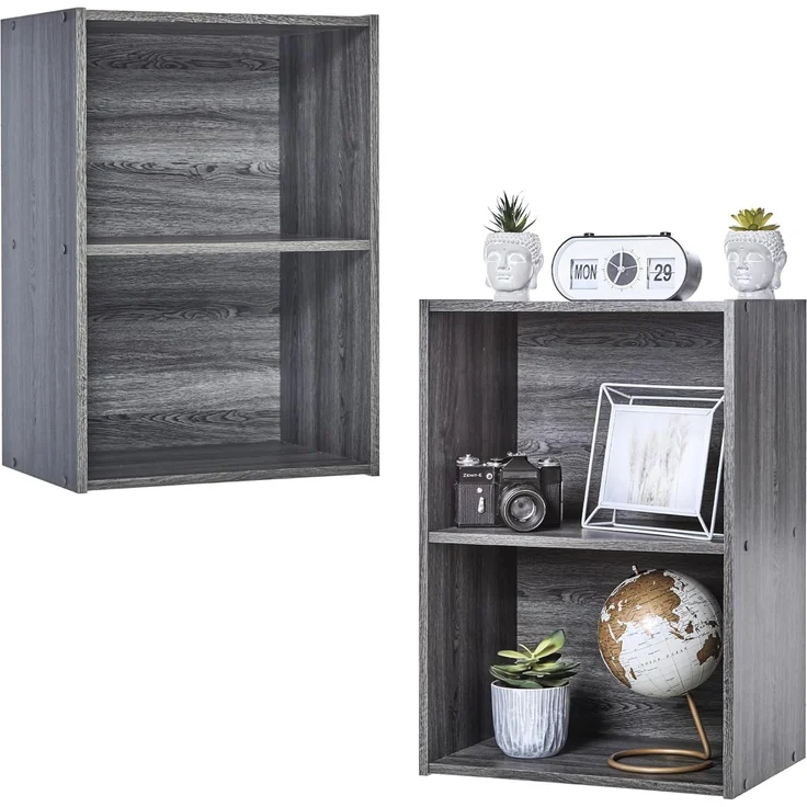 Iris Ohyama, Bücherregal, Set mit 2 Beistellmöbeln, Aufbewahrungsfächer aus Holz, Design, Solide, Büro, Schlafzimmer, Wohnzimmer - CX-2 - Eiche Grau