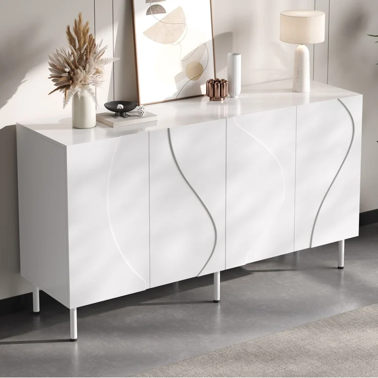 DESVIAE Sideboard mit 4 Türen und Push-to-Open 140x77,5x40 cm aus MDF und Spanplatte Weiß – Bild 3