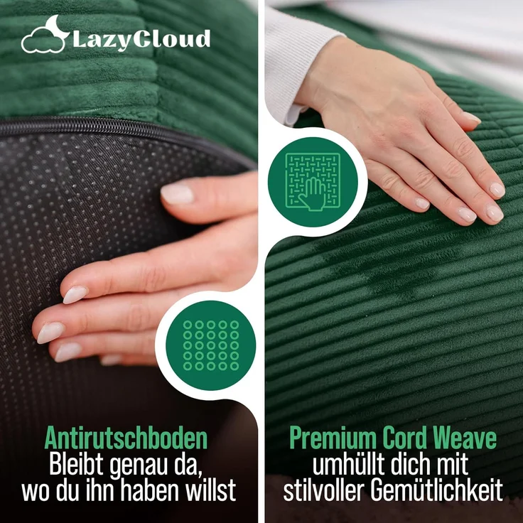 LazyCloud Sitzsack für Erwachsene mit integrierter [Nackenstütze] Cord | XXL Indoor Bean Bag mit Füllung | perfekt als Chill-, Lese- oder Gaming Sessel (90 x 80 x 70 cm) (Dunkelgrün) – Bild 5
