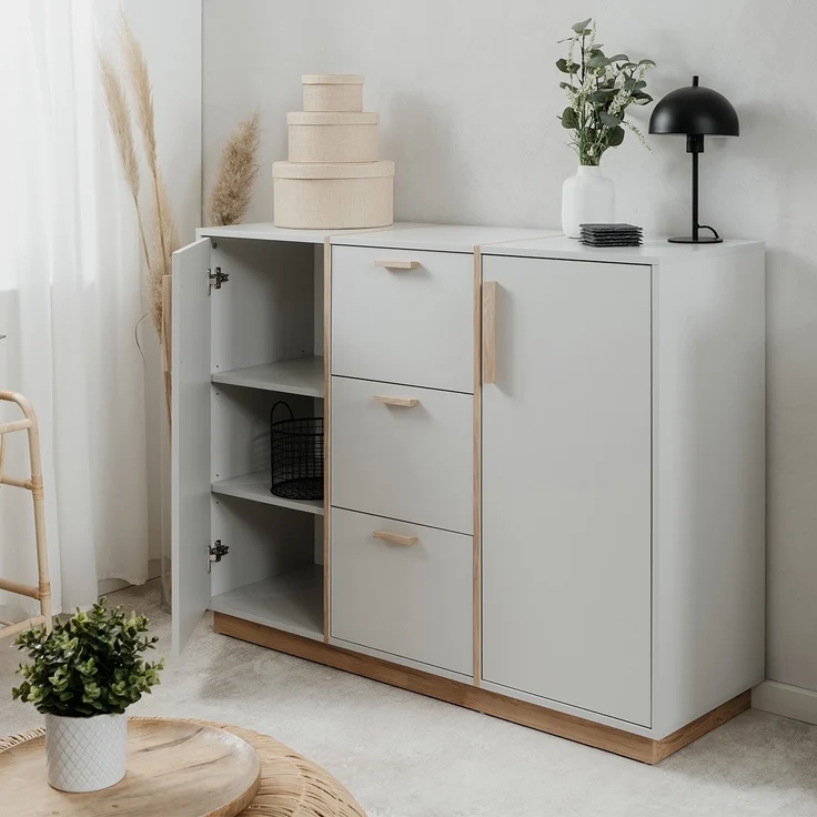 Calicosy Sideboard 2 Türen und 3 Schubladen Dekor Weiß und Holz B125 cm - SPLIT - Weiß – Bild 4