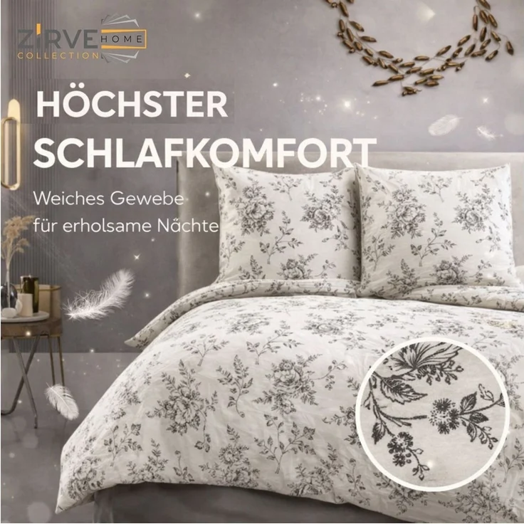 ZIRVEHOME Bettwäsche Baumwolle Bettwäsche-Set Beige Bettbezug Schwarz geblümt Evla V1, Renforce, 4 teilig, Baumwolle Bettbezug Beige mit Blumenmuster in Schwarztönen – Bild 2