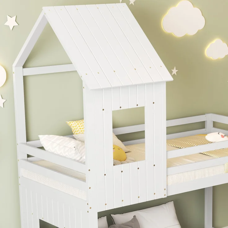 Etagenbett Kinderbett Hausbett mit Rutsche 90×200 & 140×200 cm weißes Kiefer-MDF Hochbett mit Leiter und Spielbereich – Bild 4