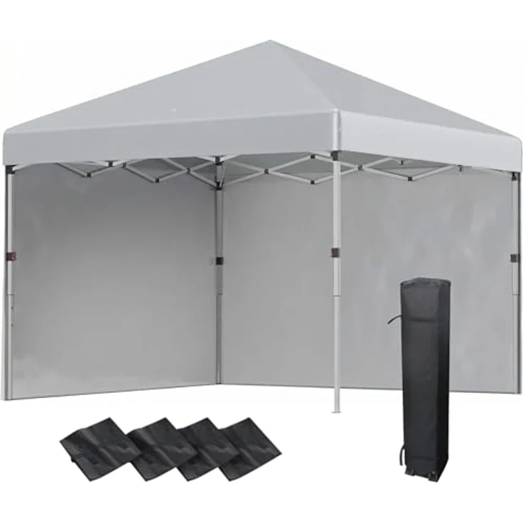Outsunny Pavillon 3x3m, wasserabweisender Pop-up Faltpavillon mit 2 Seitenwänden, UV Schutz 30+, faltbar und höhenverstellbar, hellgrau – Bild 1