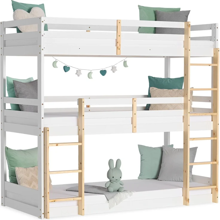 Homestyle4u Kinderbett Etagenbett 90x200 Kinder Dreifachbett Hochbett Weiß Holz Natur Stockbett Spielbett – Bild 1
