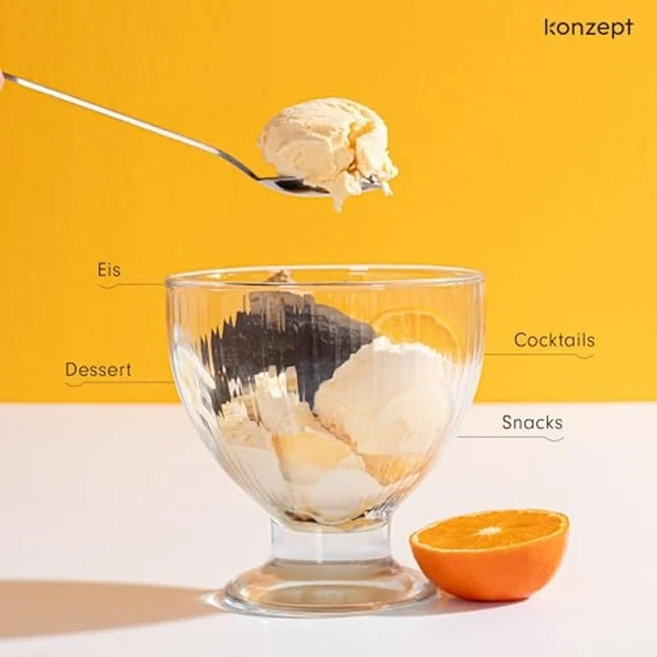 KONZEPT Eisschale Eisbecher Glas Set, Glasschale mit Fuß 405 ml, Glas Geriffelt für Eis, (4-tlg), Perfekt für Schichtdessert, Candy Bar Zubehör – Bild 3