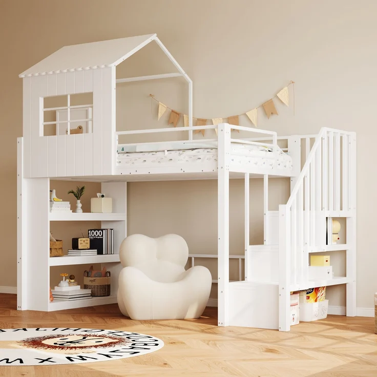 Merax Hochbett 90×200 cm, Kinderbett, Jugendbett, Hausdesign, Mehrstöckiges Stauraumregal, Sichere Treppe (montierbar links/rechts), Weiß – Bild 3