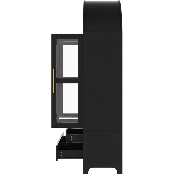 Flieks Vitrinenschrank, Hochschrank mit 3 Glastüren, 4 Schubladen & offener Bogennische, 110 x 40 x 185 cm, Schwarz – Bild 7