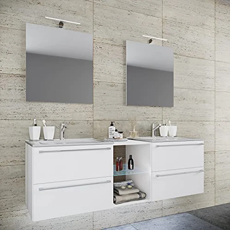 VCM Badmöbelset Badinos XXL, 3-teiliges Doppel Waschplatz Set mit 2 Keramikwaschbecken, 2 ESG-Sicherheitsglas Spiegel und 4 Schubladen in Melamin weiß – Bild 2