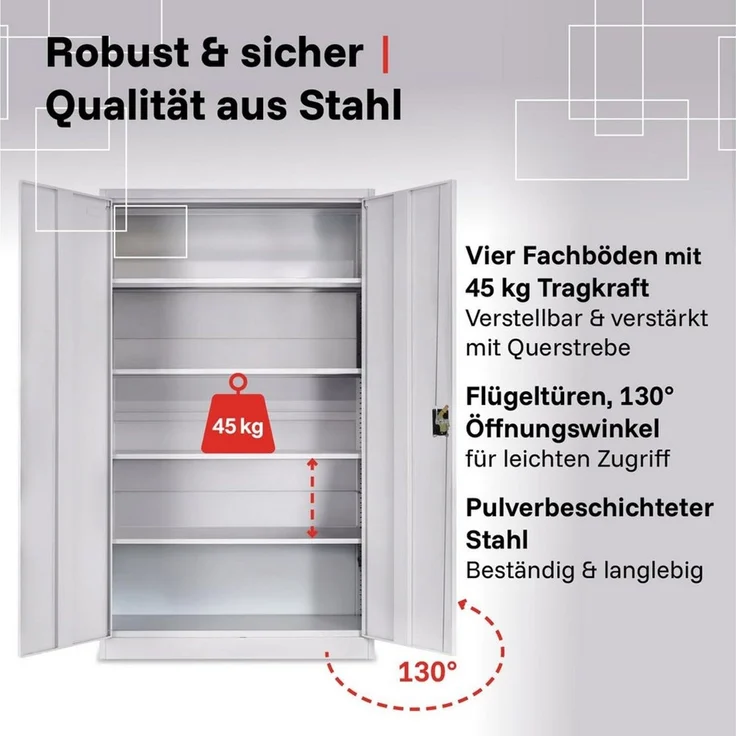 LagerZwei Aktenschrank Stahlschrank 195 x 100 x 50 cm (Packung, 2-St, 2er-Set) 3-fach verriegelt, 4 Böden, bis 60 Ordner, Flügeltüren 130° – Bild 2