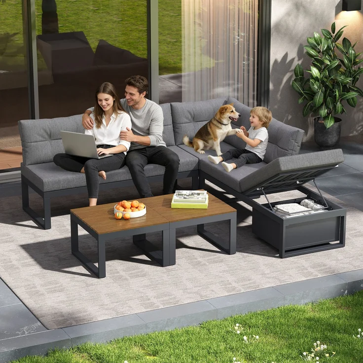 ZUBALIYA Garten-Loungeset - 191,5 x 191,5 x 79 cm , Grau , Polyester , verstellbare Rückenlehne , mit Stauraum – Bild 3