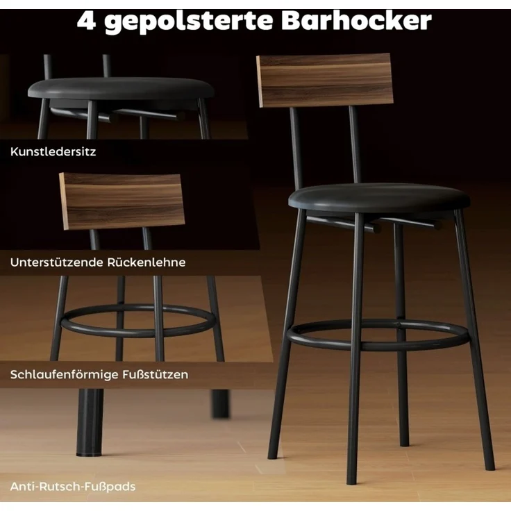 Bartisch-Set 110 x 55 x 90 cm mit 4 Barhockern – platzsparend, braune Holzoptik und schwarzer Stahlrahmen – Bild 8