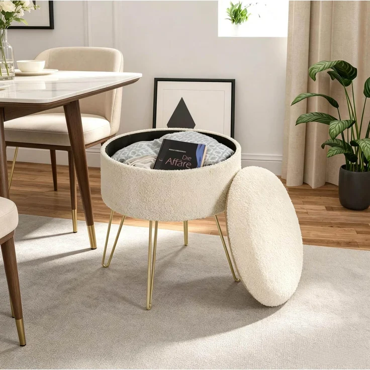 Fußhocker in Lammfell-Optik mit Stauraum und Wendedeckel, Ø 39x44 cm, Beige – Bild 2