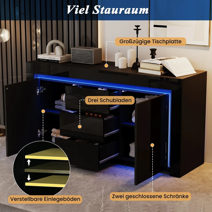Merax 140*40*65cm Wohnzimmerschrank, Kommode mit 3 Schubladen, 2 Türen, Breite 140 cm, Hochglanz Beistellschrank mit LED-Lichtleiste, Sideboard mit Stauraum, Schwarz – Bild 5