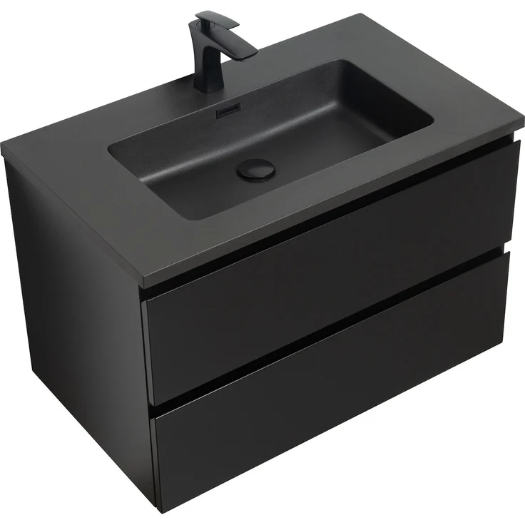 Badplaats Badmöbel Set mit Waschbecken und Unterschrank Angela 80 x 48 cm Schwarz Matt - Waschbeckenunterschrank mit Soft-Close und Schwarze Waschbecken, Vorgemontiert – Bild 6