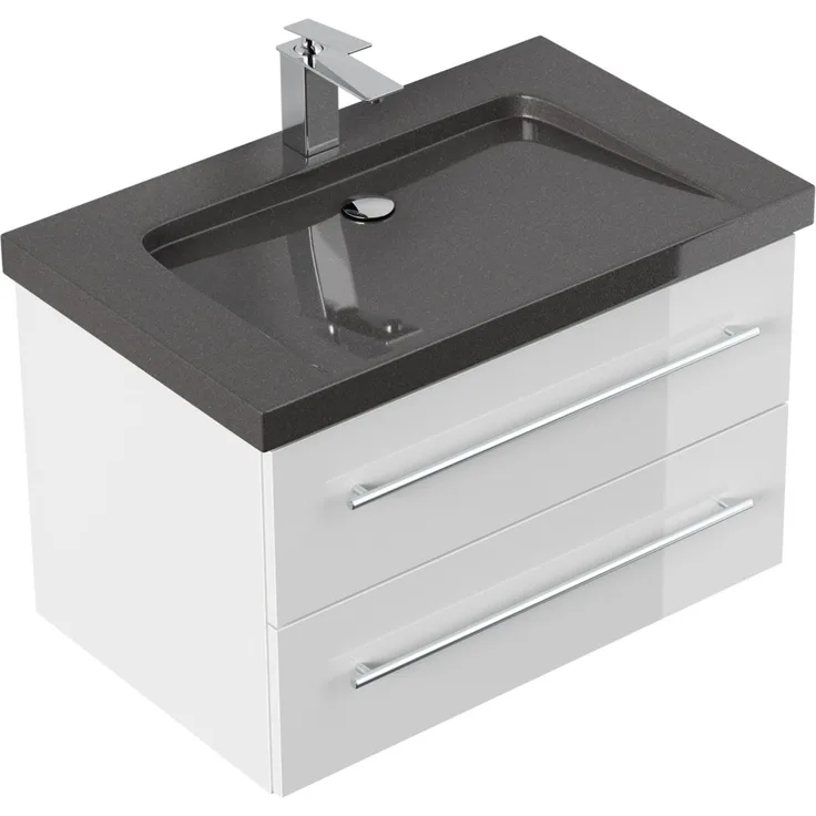 Badmöbel Granit India Black Damo 75 cm 1 Hahnloch SoftClose weiß hochglanz : Weiss hochglanz