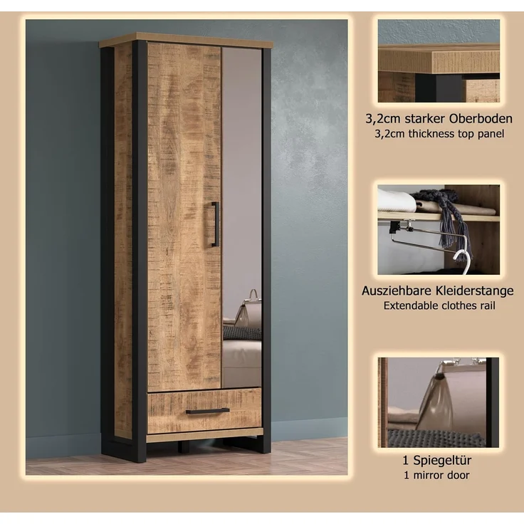trendteam smart living – Enna – Garderobenschrank – Mango/Schwarz – Schrank mit 2 Türen, 1 Konstruktionsboden und 1 Schublade – (BxHxT) 73 x 195 x 39 cm – ausziehbare Kleiderstange – Bild 6