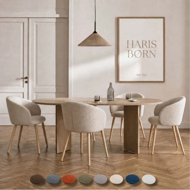 Haris Børn Esszimmerstuhl mit Armlehnen NØR - Hochwertige Polsterstühle für Esszimmer (Set, 4 St), Beige/Holzbeine - Premium Esszimmer Stühle & Wohnzimmer Stühle – Bild 1