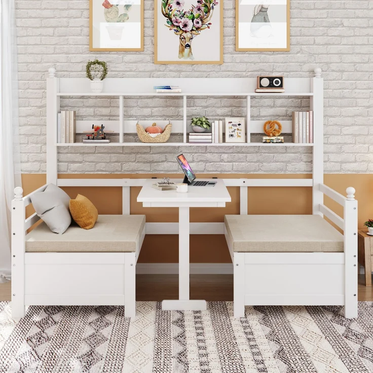 Merax Daybett Multifunktionales Massivholz Schlafsofa 200x90 cm, 2-in-1 Bett und Schreibtisch, Frei Umbaubar, Mit Bücherregal Zur Aufbewahrung, Mit Bequemen Kissen, Gästebett Einzelholzbett, Weiß – Bild 2
