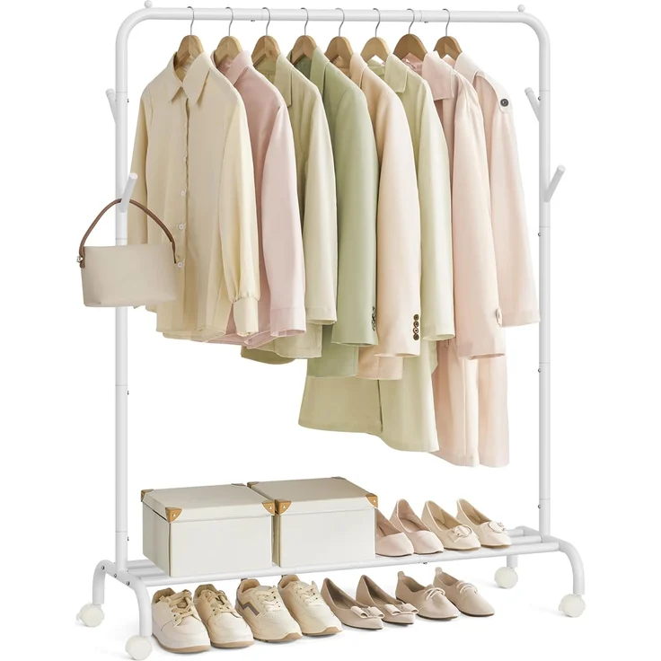 SONGMICS Kleiderständer auf Rollen, Kleiderstange, Garderobenstange, Garderobenständer aus Stahlrohren, bis 50 kg belastbar, 103,5 cm breit, multifunktionale Aufbewahrung, weiß HSR131W01 – Bild 1