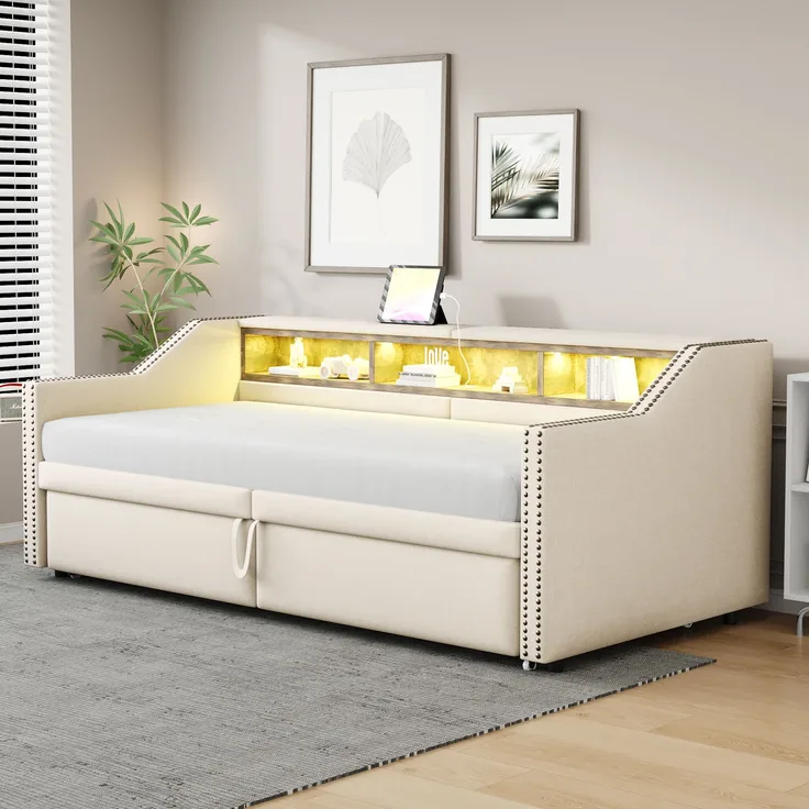 Polsterbett 90/180×200 cm aus Leinenstoff mit Stauraum, LED-Beleuchtung und USB-Buchse