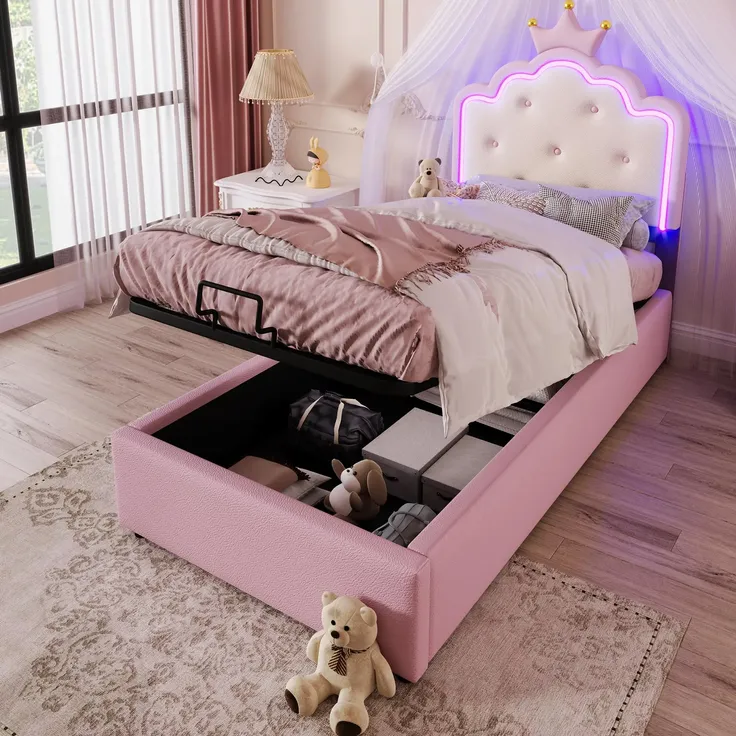 Prinzessinbett mit Stauraum und LED-Beleuchtung, 90x200 cm, Mädchenbett, Polsterbett für Mädchen, Einzelbett, Kunstleder