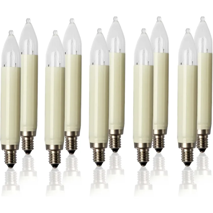 hellum Ersatz-Kerzen für Schwibbogen, 10 Stück 23V 3W Schaftkerze für Weihnachtsbaum Kerzen Lichterketten innen und außen mit 10 Brennstellen, Birnen für Lichterbogen E10/ 23V/ 3W/ 22 Lumen 908015