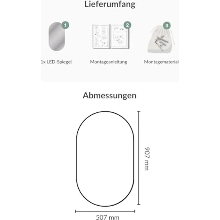 Planetmöbel Badspiegel SP-508 mit LED-Beleuchtung, 50 x 90 cm, oval, Touchschalter, 2 Lichtstufen (4000-4200K), rahmenlos – Bild 5
